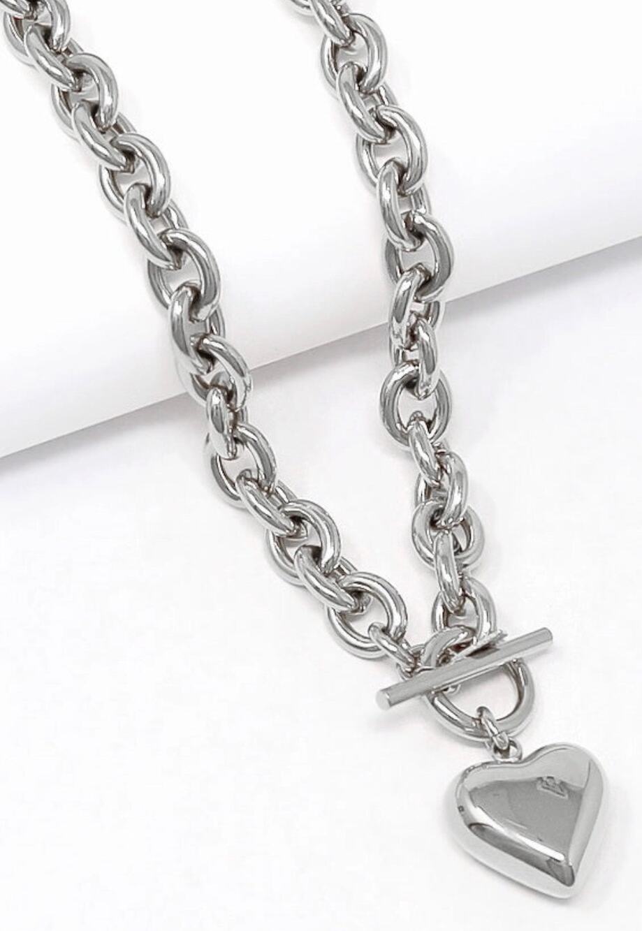 Heart Pendant Stainless Steel Toggle Necklace Rhodium Plated
